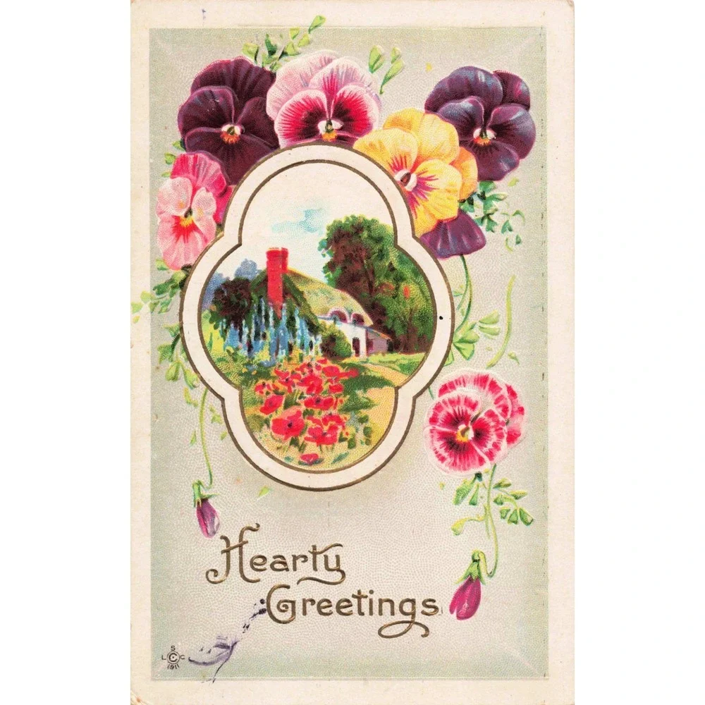 Antique 1911 Hearty Greetings Postcard Pansy Poppies Cottage Sigel IL 244 F